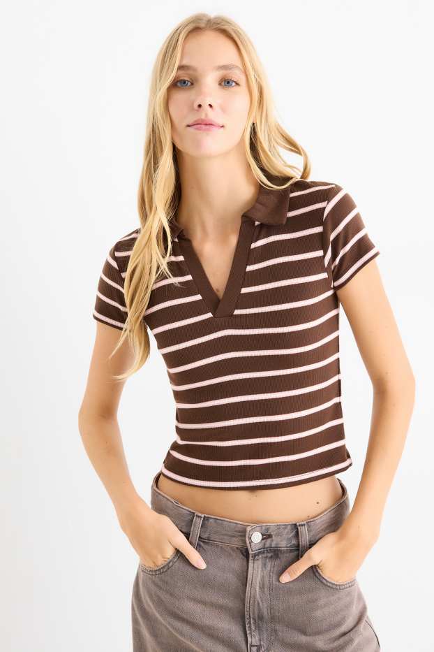 Donna - Polo corta - slim fit - a coste - a righe - marrone scuro