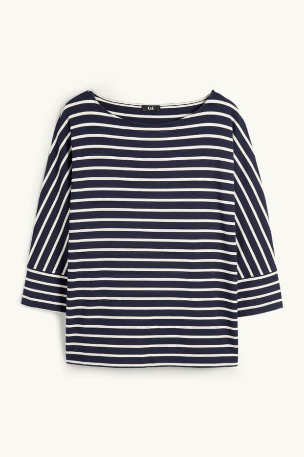 Femei - Tricou cu mânecă lungă - regular fit - cu dungi - albastru închis / alb-crem