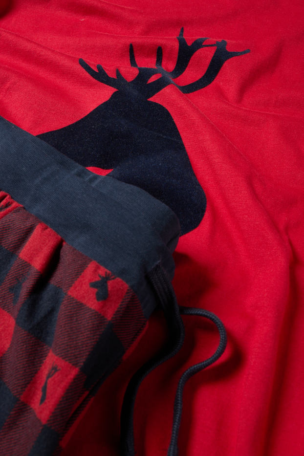 Heren - Pyjama voor de kerst, met flanellen broek - hert - donkerrood