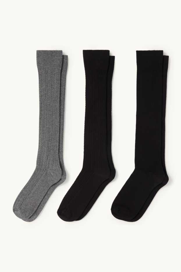 Femei - Multipack 3 perechi - șosete lungi - cu torsade - negru / gri