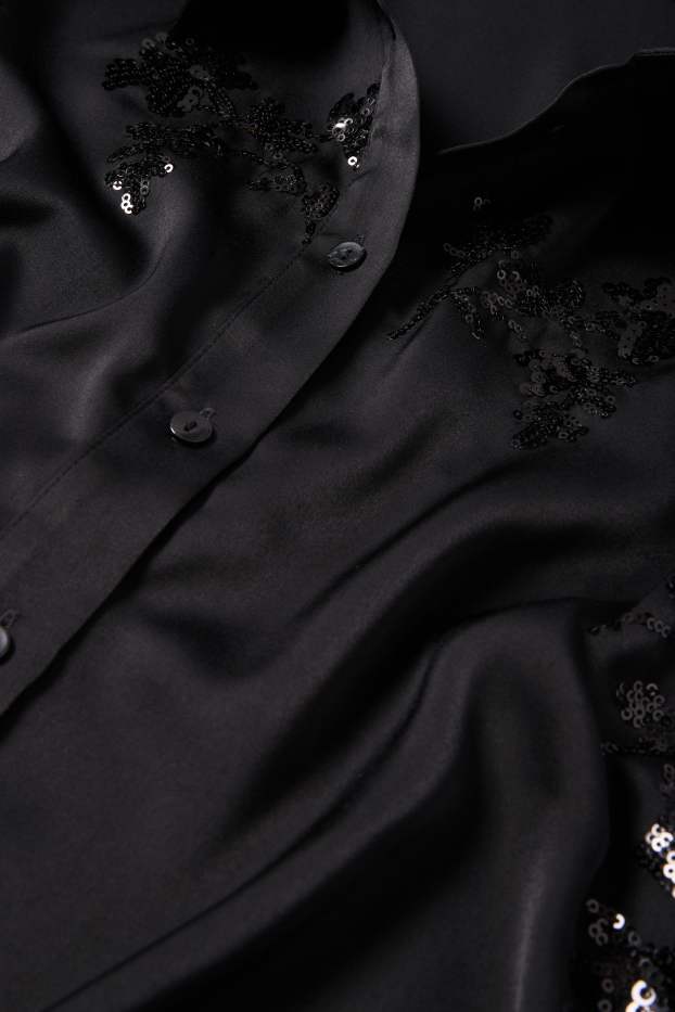 Femmes - Chemisier en satin - à fleurs - brillant - noir