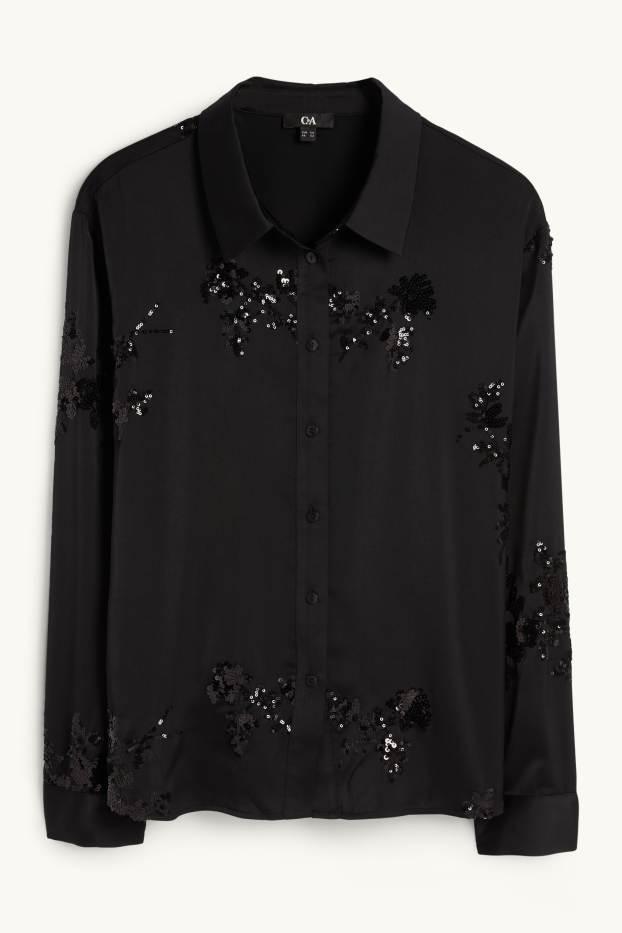 Femmes - Chemisier en satin - à fleurs - brillant - noir