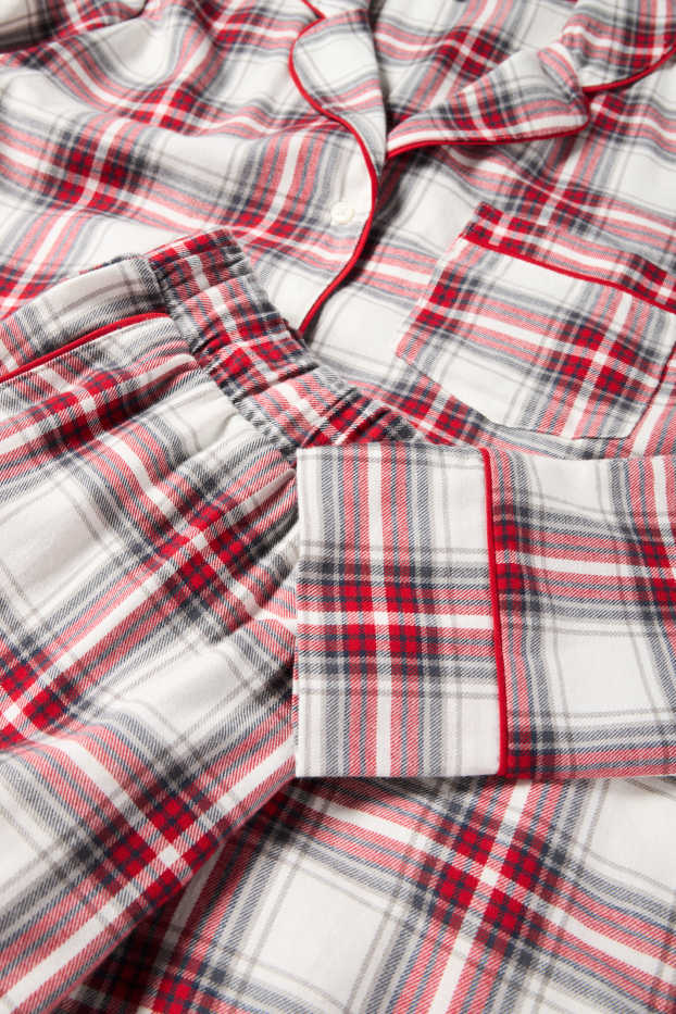 Dames - Set - flanellen kerstpyjama, slaapmasker en stoffen tasje - wit / rood