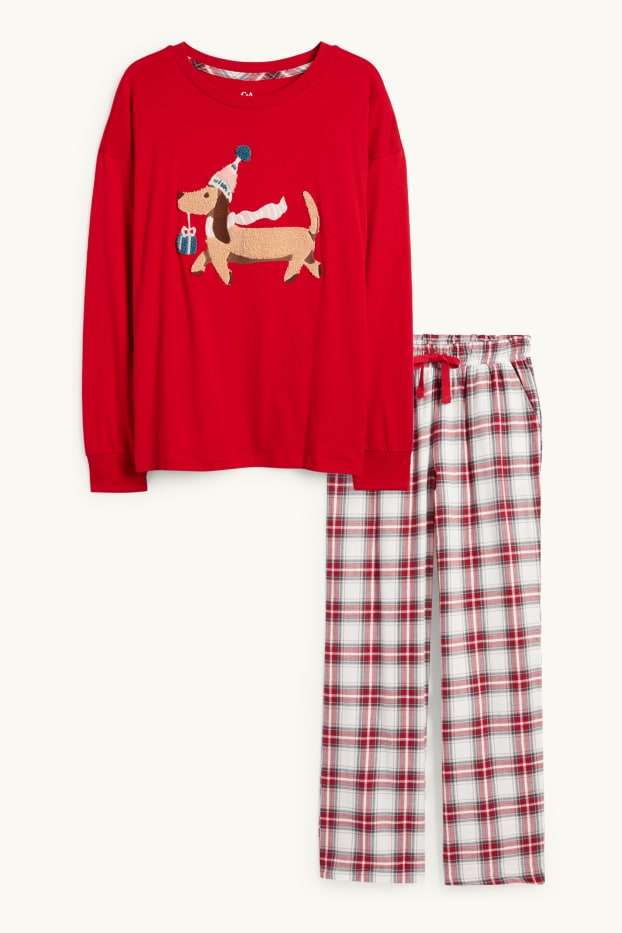 Femmes - Pyjama de Noël avec pantalon en flanelle - teckel - rouge
