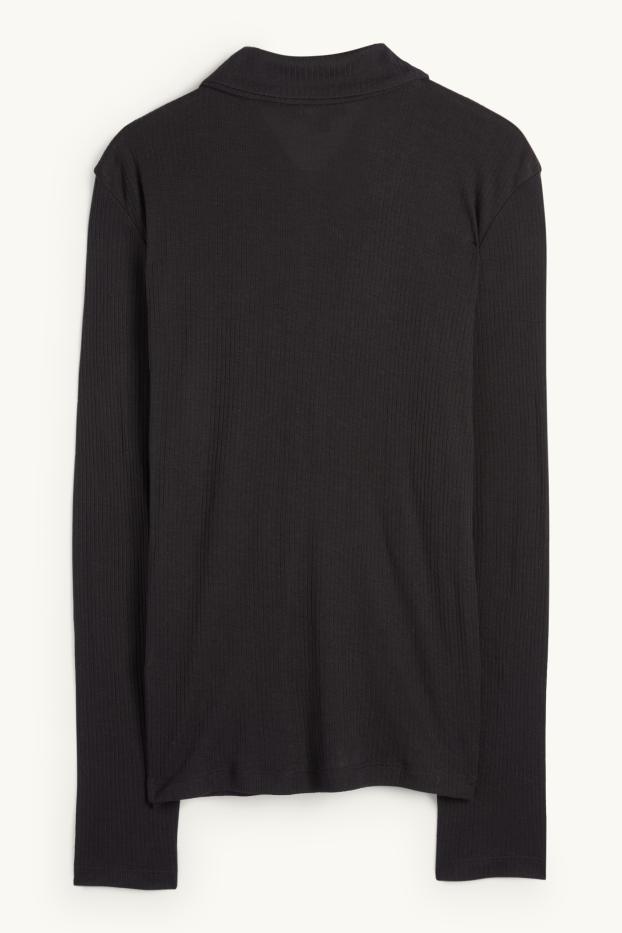 Femei - Tricou polo cu mânecă lungă - regular fit - cu reiați - negru