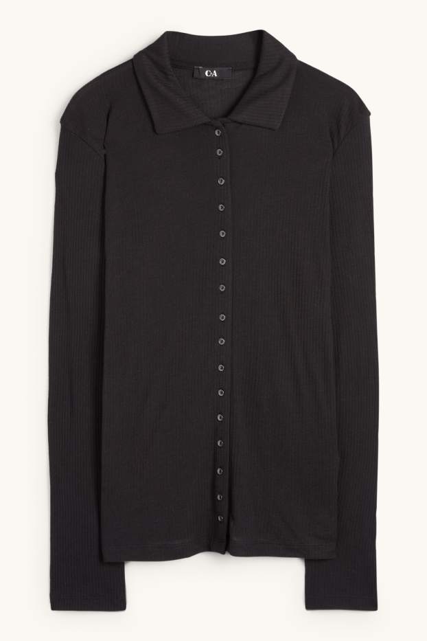 Femei - Tricou polo cu mânecă lungă - regular fit - cu reiați - negru