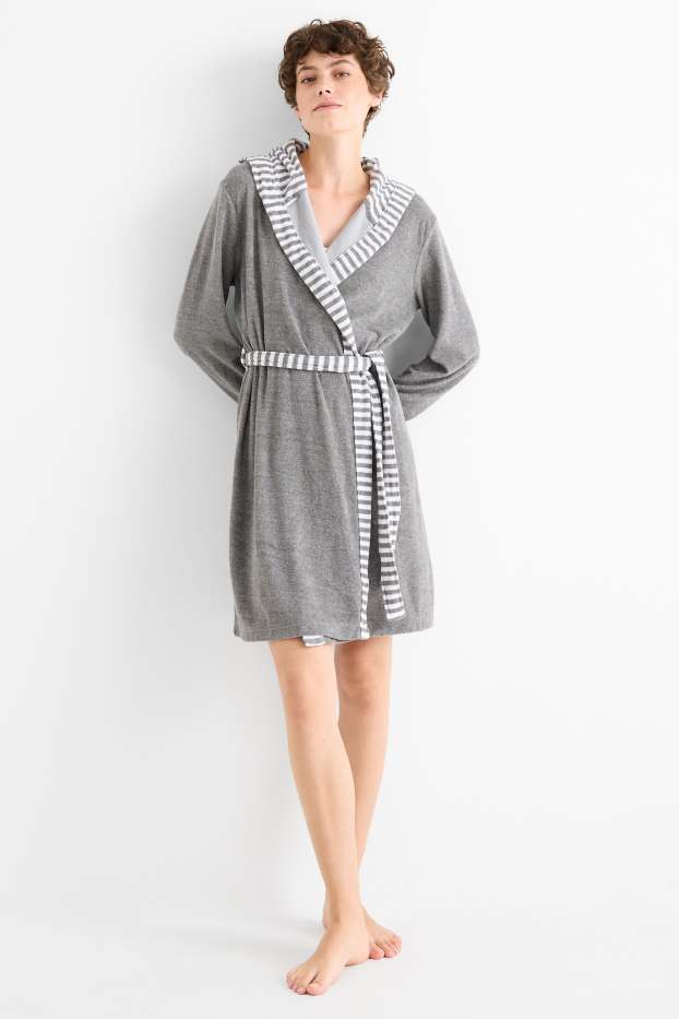 Dames - Frotté badjas, met capuchon - grijs-mix