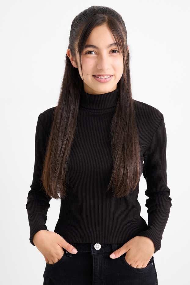 Enfants filles - Lot de 2 - haut à col roulé - finition côtelée - blanc / noir