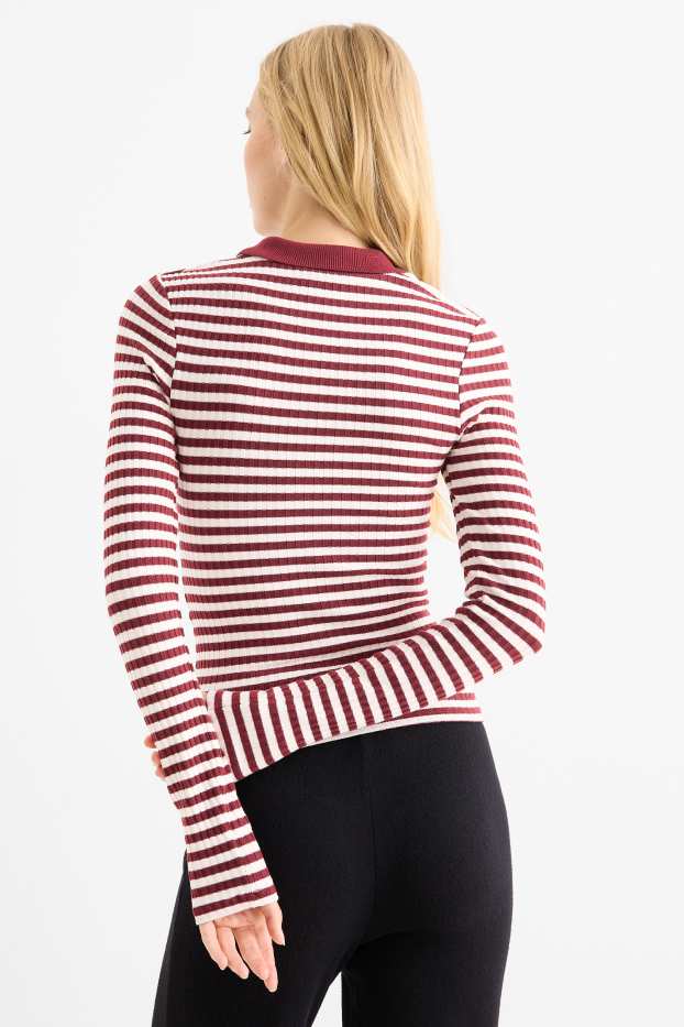 Dona - Polo de mànigues llargues - slim fit - acanalat - de punt - vermell fosc /negre