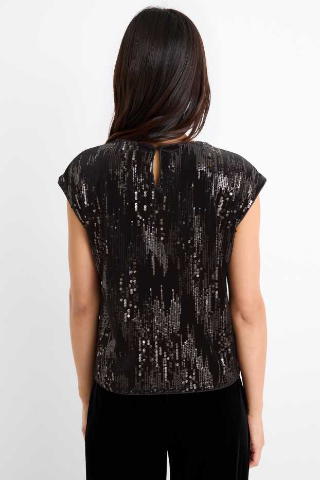 Mujer - Camiseta de terciopelo con lentejuelas - regular fit - negro