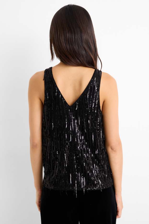 Dames - Top met V-hals en pailletten - zwart