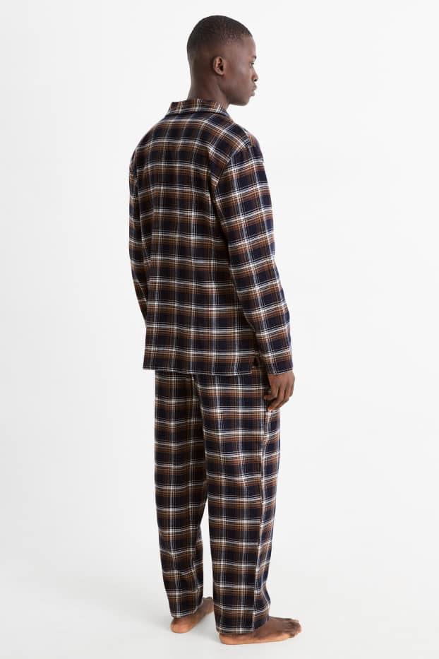 Herren - Flanell-Pyjama - kariert - dunkelblau