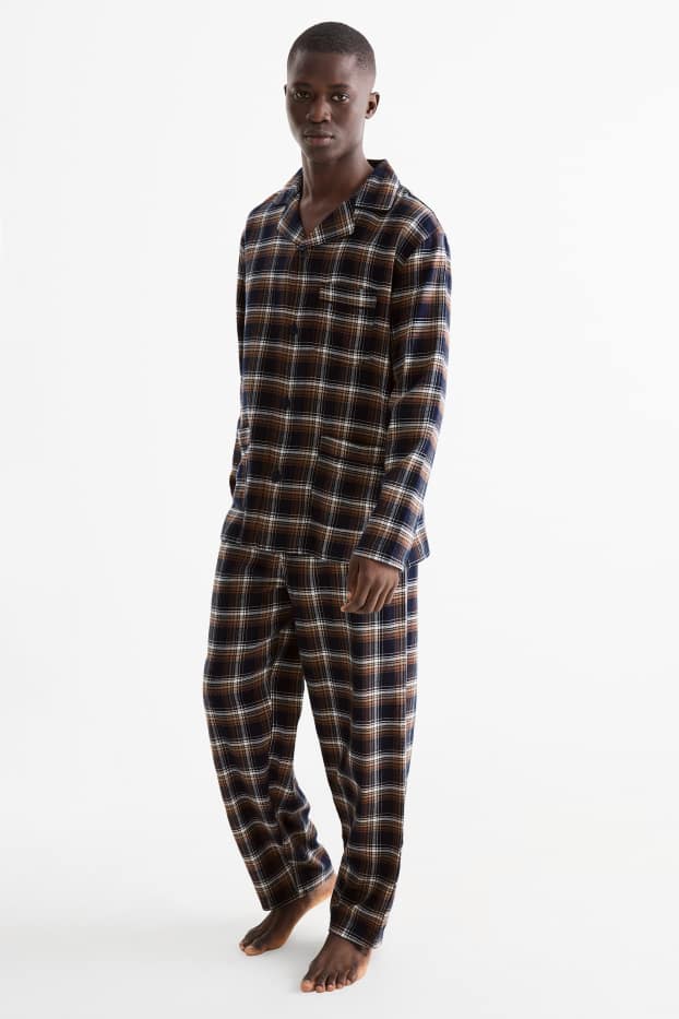 Herren - Flanell-Pyjama - kariert - dunkelblau