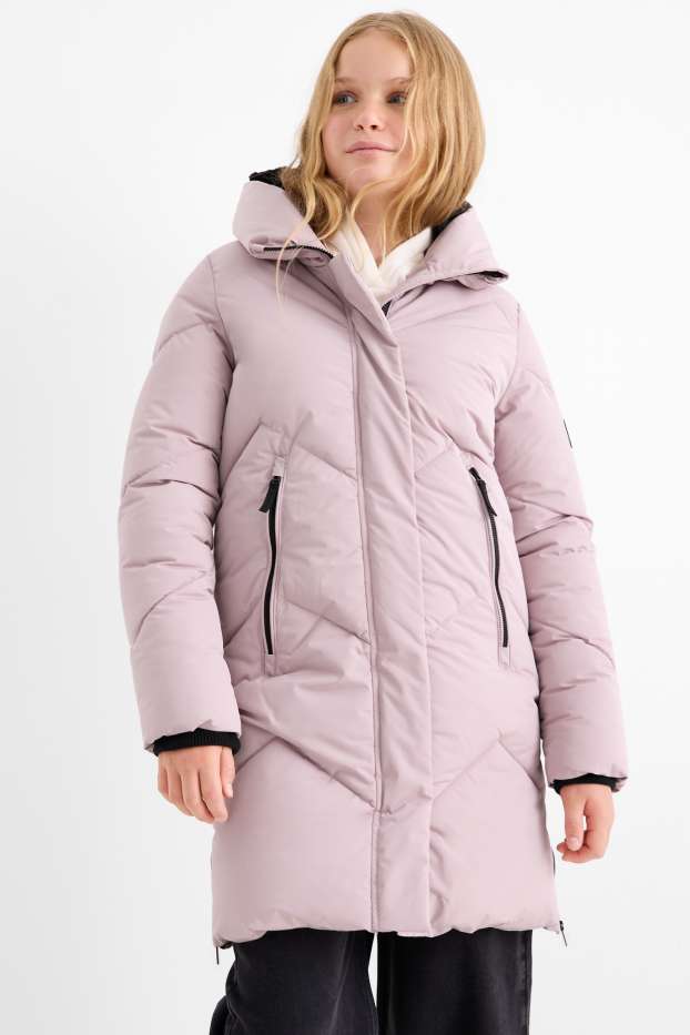 Děti - dívky - Prošívaný kabát s kapucí - z vodoodpudivého materiálu - růžová