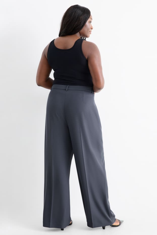 Dámské - Plátěné kalhoty - high waist - wide leg - modrá