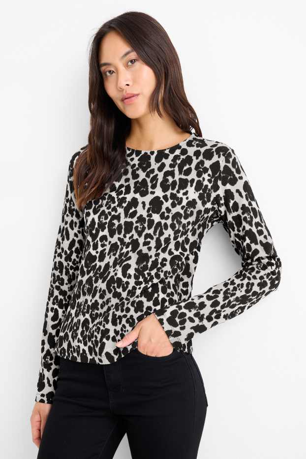 Women - Long sleeve top - regular fit - leopard print - black / gray
