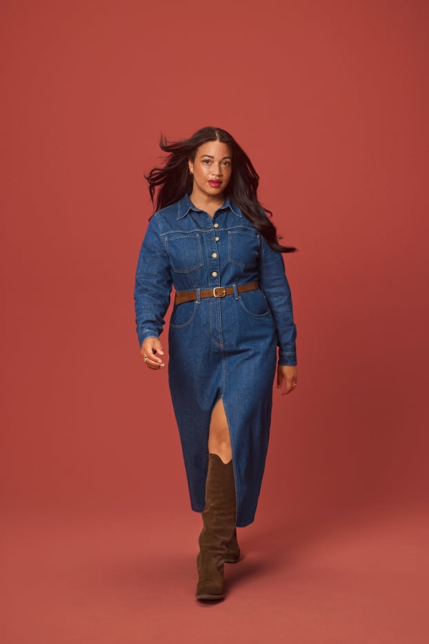 Women - Denim shirt dress with belt - blue denim