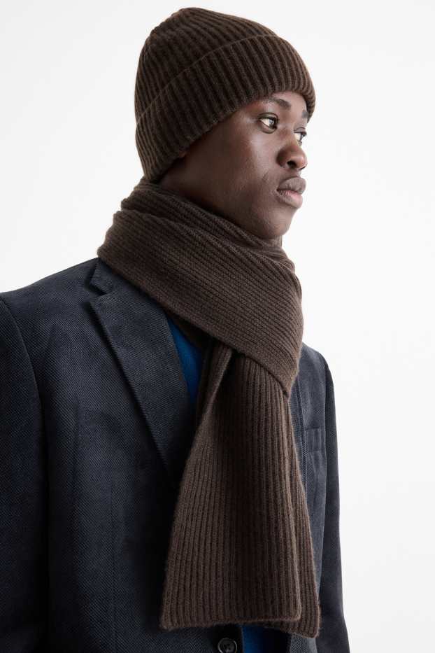 Herren - Mütze mit Kaschmir-Anteil - Woll-Mix - gerippt - dunkelbraun