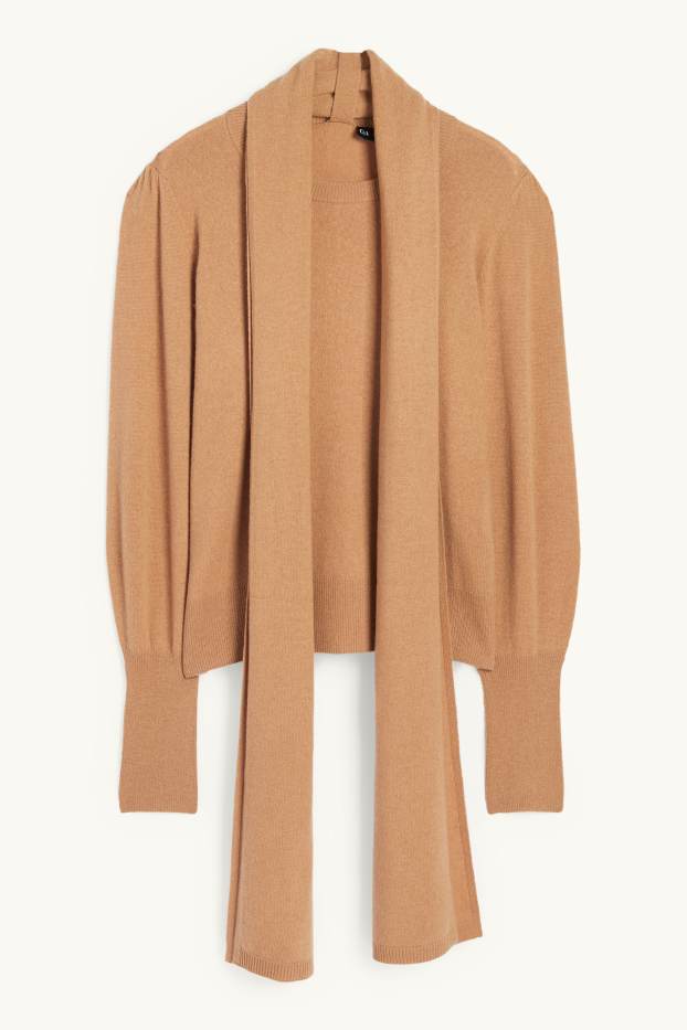 Donna - Set - maglione e sciarpa con cashmere - misto lana - marrone chiaro