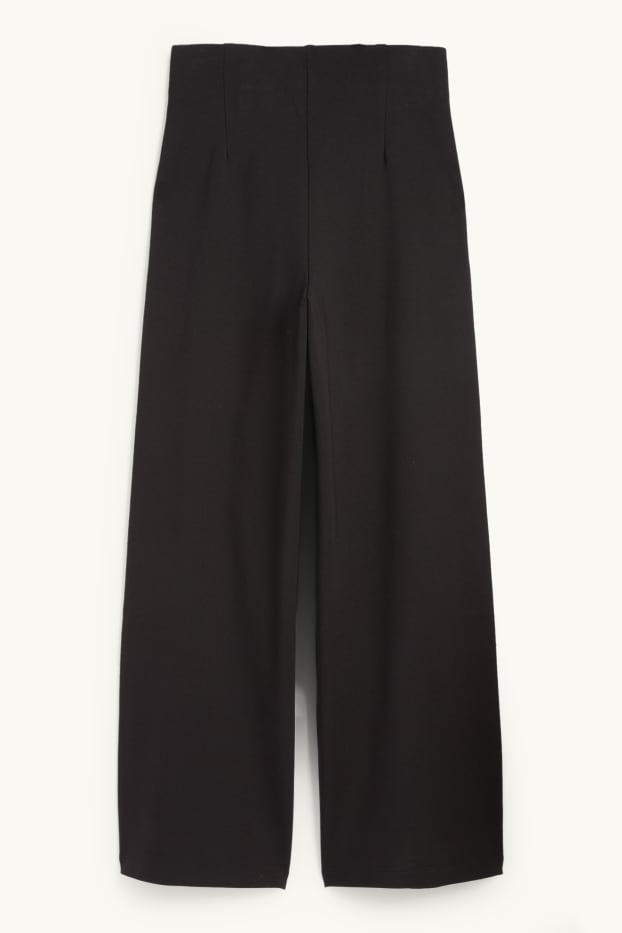 Dámské - Žerzejové kalhoty s páskem - high waist - wide leg - černá