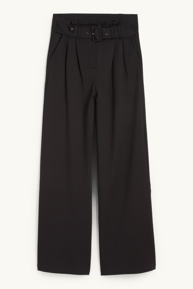 Dámské - Žerzejové kalhoty s páskem - high waist - wide leg - černá