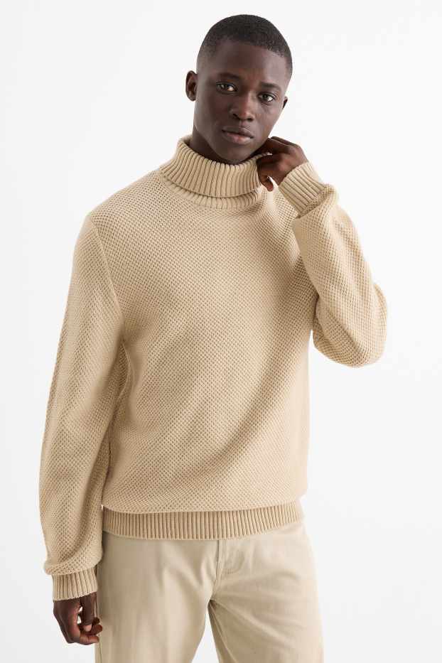 Hommes - Pull à col roulé - texturé - beige