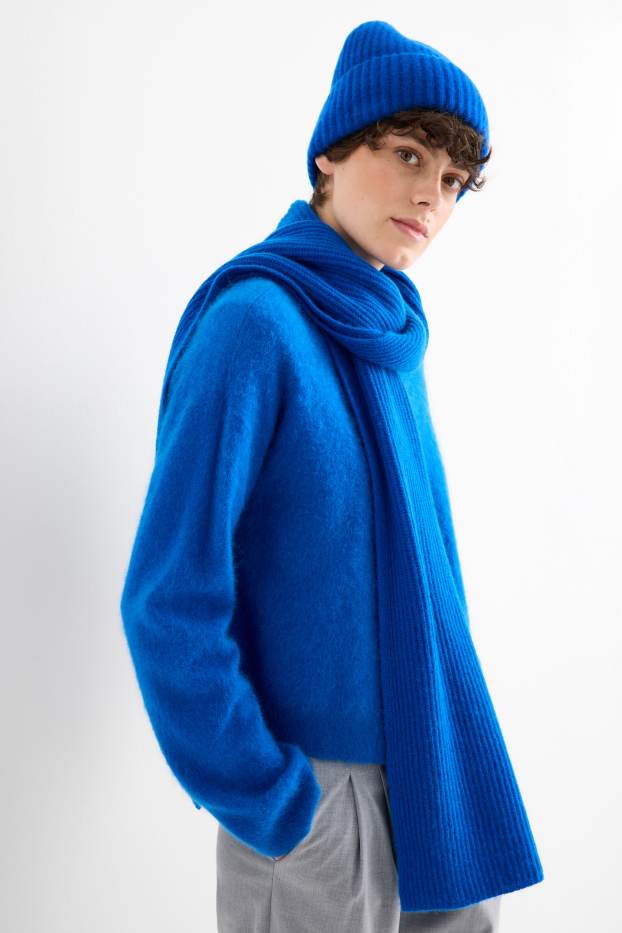 Femmes - Beanie en cachemire - finition côtelée - bleu