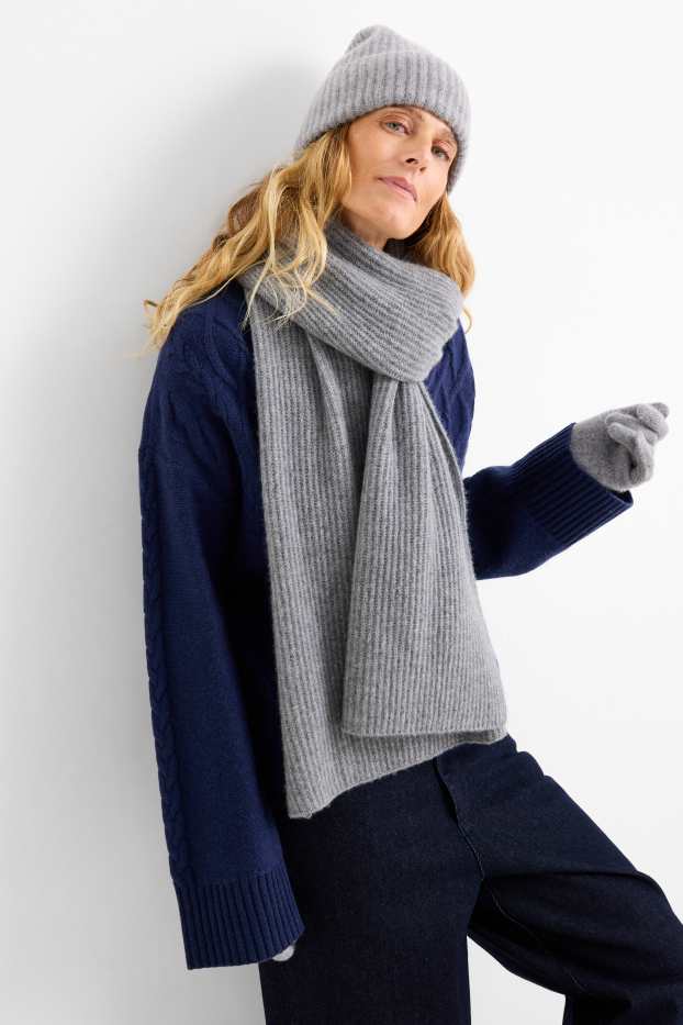 Women - Cashmere scarf - ribbed - gray