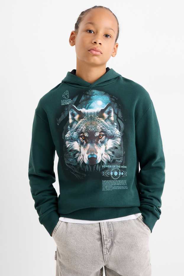 Enfants garçons - Loup - sweat à capuche - vert foncé