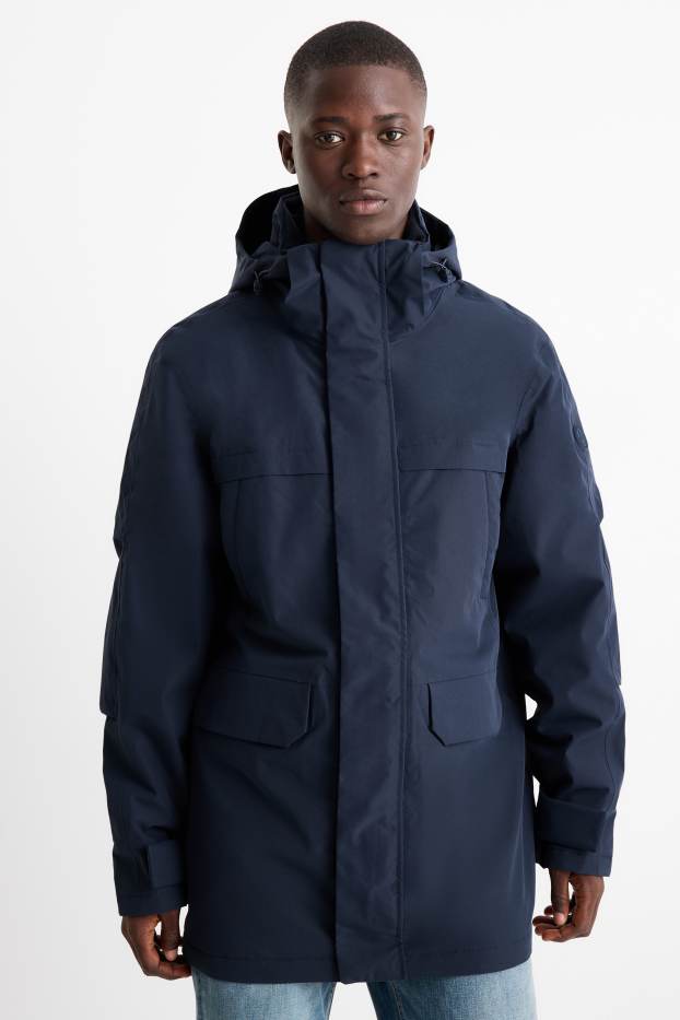 Uomo - Parka antipioggia con cappuccio - imbottito - impermeabile - blu scuro