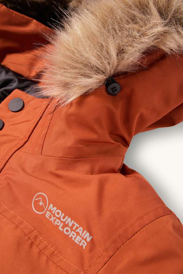 Kinderen: jongens - Regenjas met capuchon en imitatiebontrandje - gevoerd - donker oranje