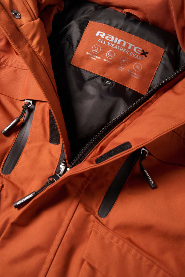 Kinderen: jongens - Regenjas met capuchon en imitatiebontrandje - gevoerd - donker oranje