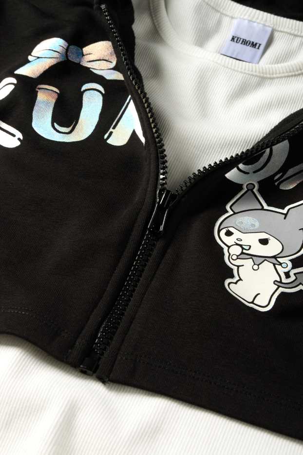 Enfants filles - Kuromi - ensemble - sweat zippé à capuche et haut - 2 pièces - noir / blanc