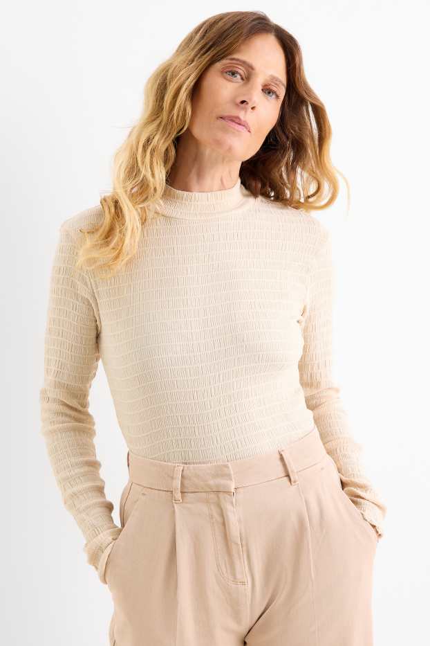 Dames - Longsleeve - regular fit - gesmokt - crème wit