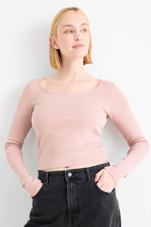 Dames - Korte longsleeve - geribd - roze