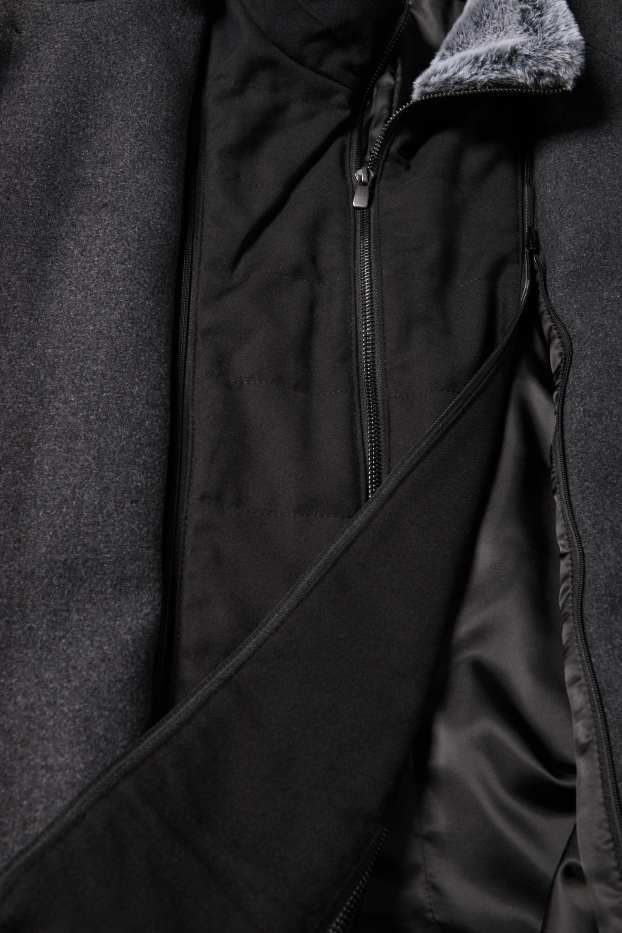 Mężczyźni - Płaszcz z obszyciem ze sztucznego futra - ciemnoszary