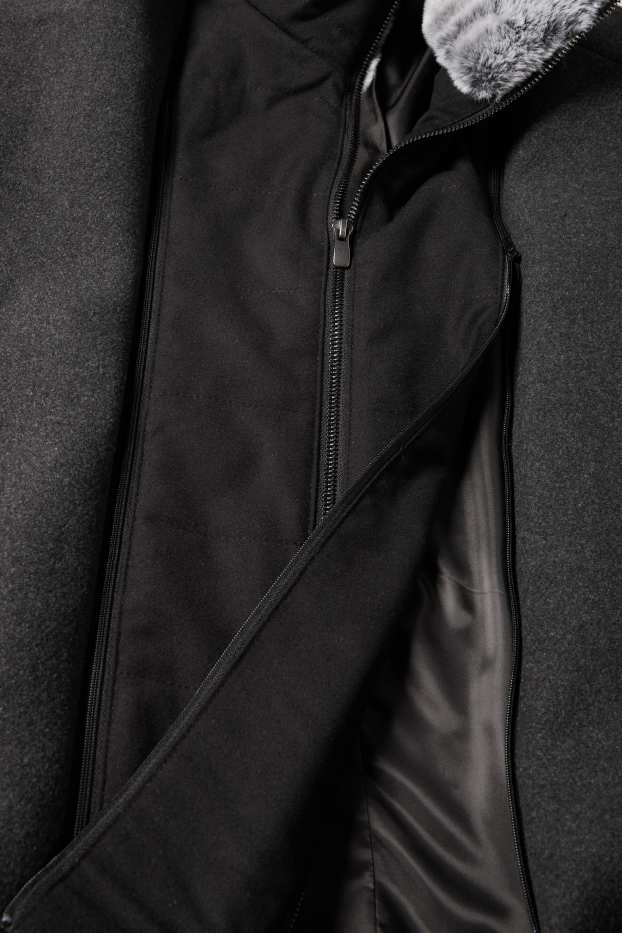 Heren - Mantel met imitatiebontrandje - zwart