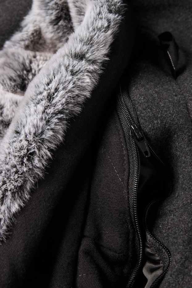 Heren - Mantel met imitatiebontrandje - zwart