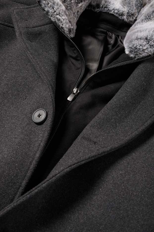 Heren - Mantel met imitatiebontrandje - zwart