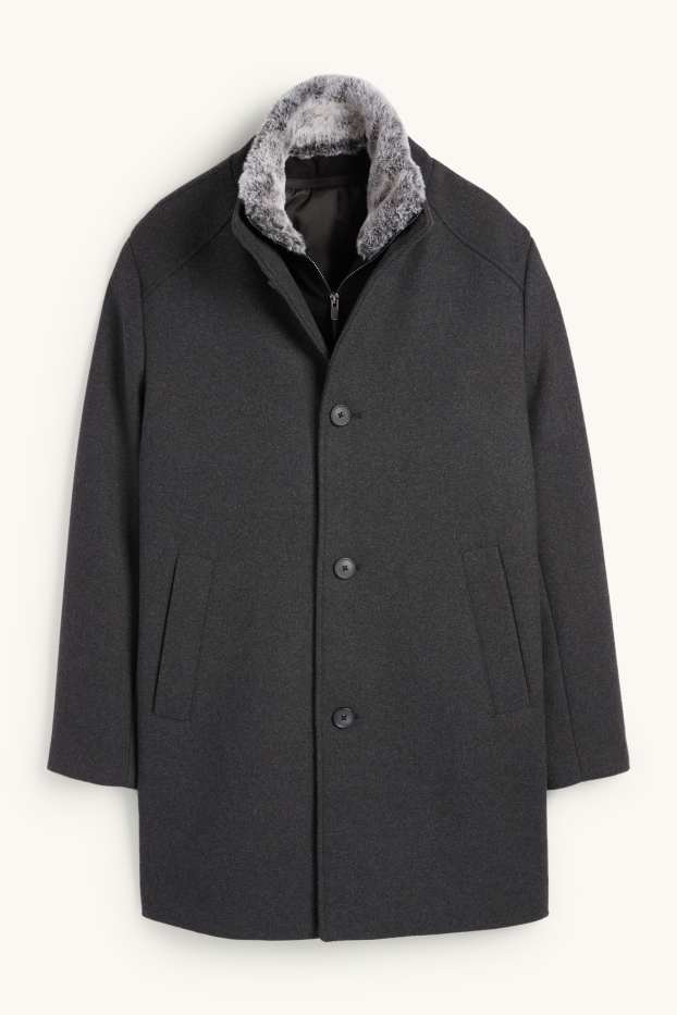 Heren - Mantel met imitatiebontrandje - zwart