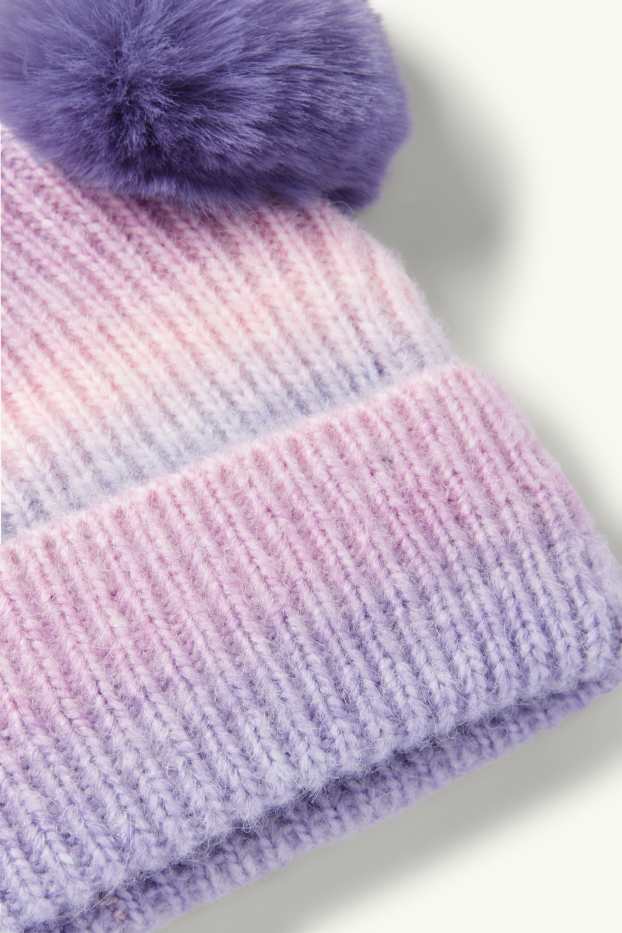 Kinder Mädchen - Bommelmütze - gerippt - gemustert - hellviolett