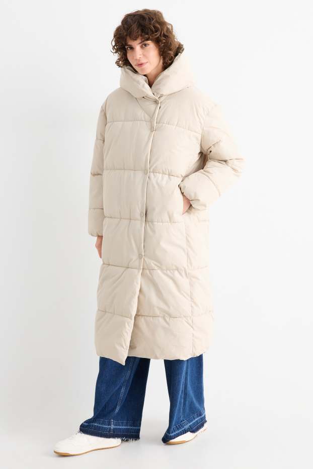 Dames - Mantel met stiksels en capuchon - waterafstotend - licht beige