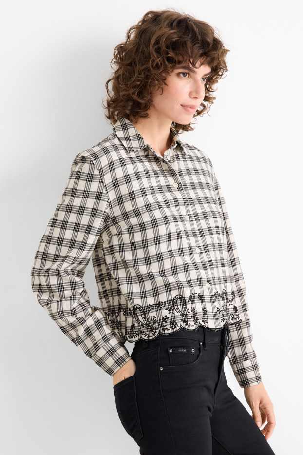 Femmes - Chemisier en flanelle - à carreaux - blanc / noir