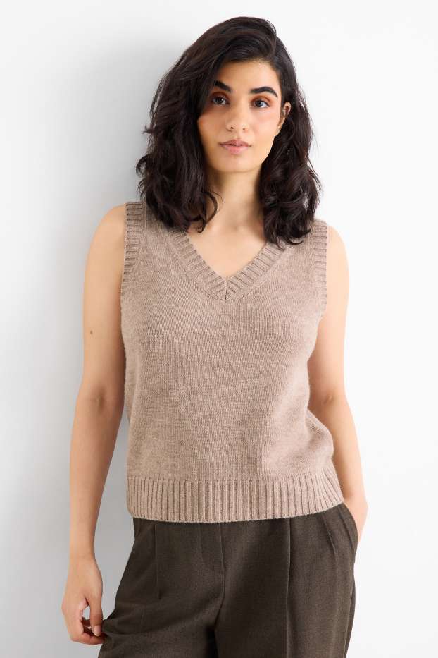 Dames - Spencer, deels van kasjmier - wolmix - beige