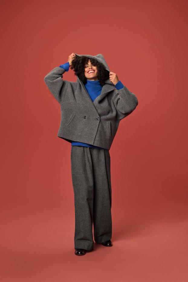 Dames - Pantalon - high waist - wide leg - met structuur - donkergrijs