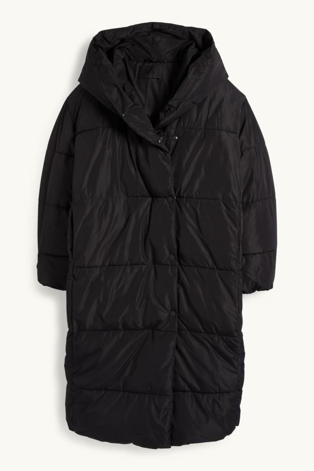 Dames - Mantel met stiksels en capuchon - waterafstotend - zwart