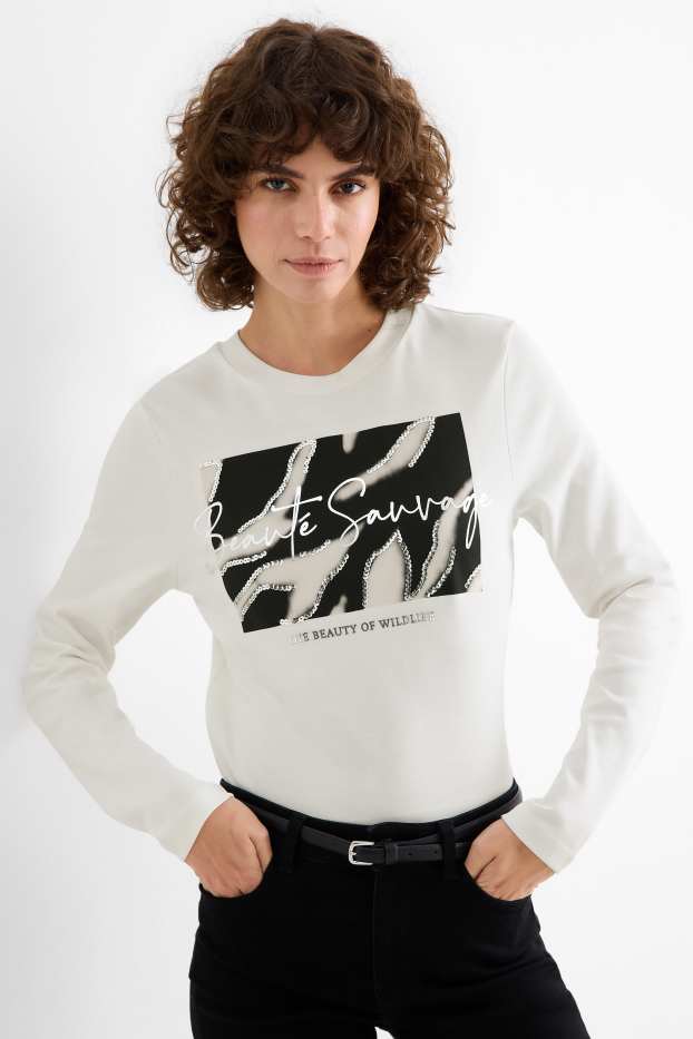 Damen - Langarmshirt - Regular Fit - Glanz-Effekt - weiß