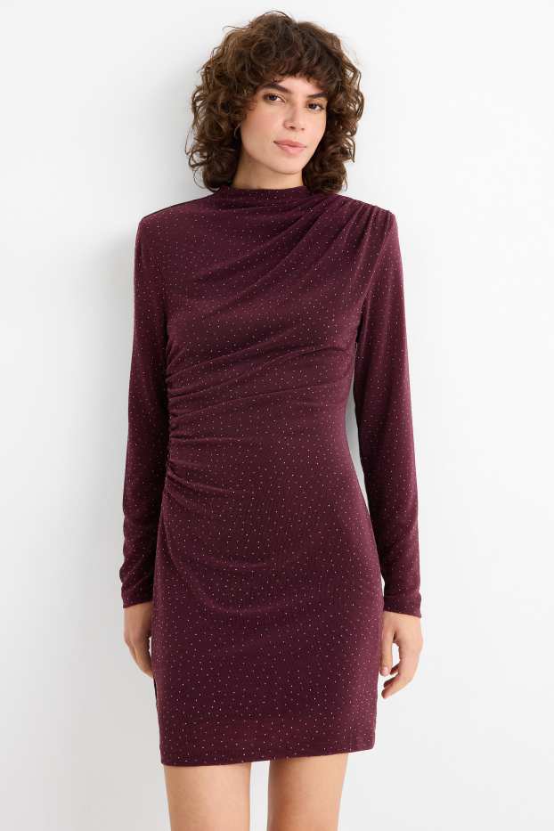 Women - Bodycon dress with rhinestones - bordeaux