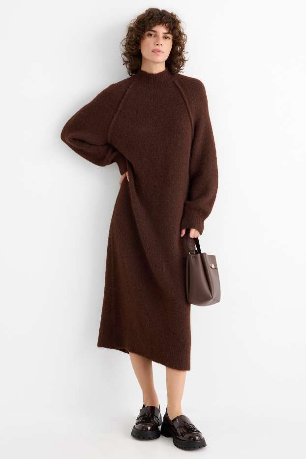 Dames - Gebreide jurk - straight fit - donkerbruin
