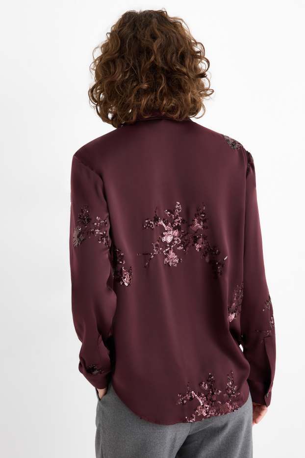 Femmes - Chemisier en satin - effet brillant - motif à fleurs - violet